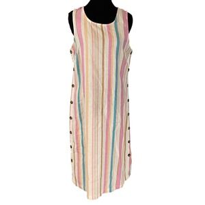 Women Striped Linen Blend Sleeveless Side Button Midi Dress S Coastal Boho Beach